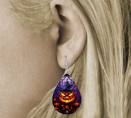 Halloween Stained Glass Jack O' Lantern Teardrop Earrings Style 3