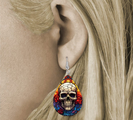 Halloween Stained Glass Skull Teardrop Earrings Style 1