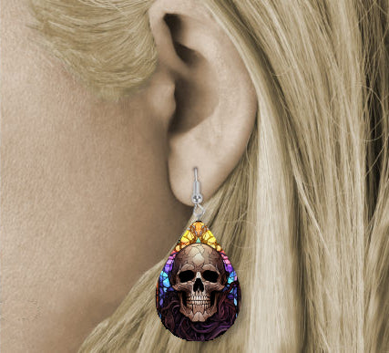 Halloween Stained Glass Skull Teardrop Earrings Style 2