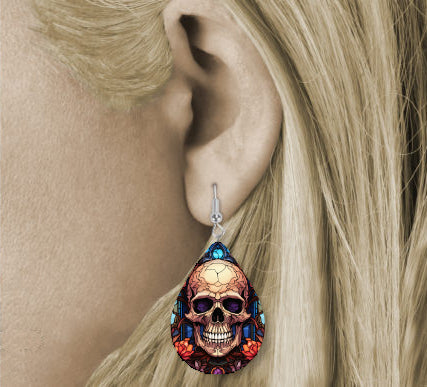 Halloween Stained Glass Skull Teardrop Earrings Style 3